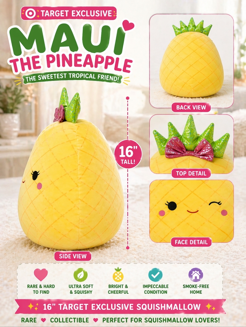 16" Maui Pineapple Squishmallow 🍍 Rare Fruit Squad Plush Pink Bow Large 16 Inch - Picture 7 of 8